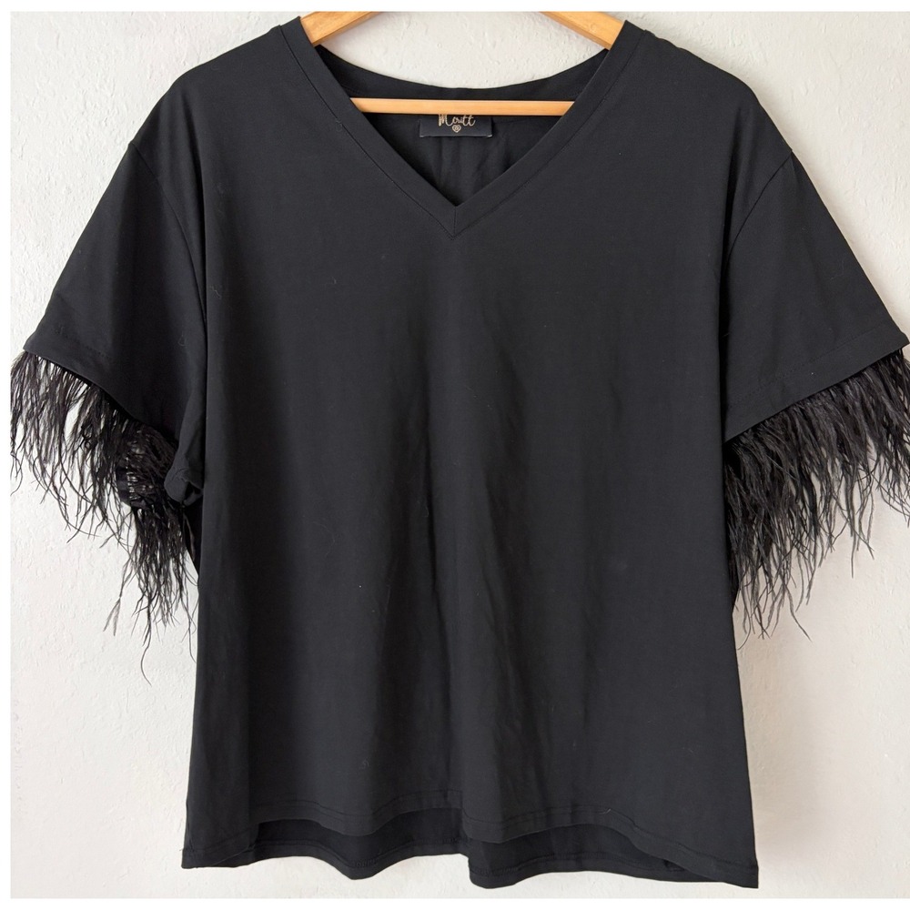 Meritt Womens Feather Trim V-Neck Tee 3X Party Glam Chic Luxe Cocktail Evening